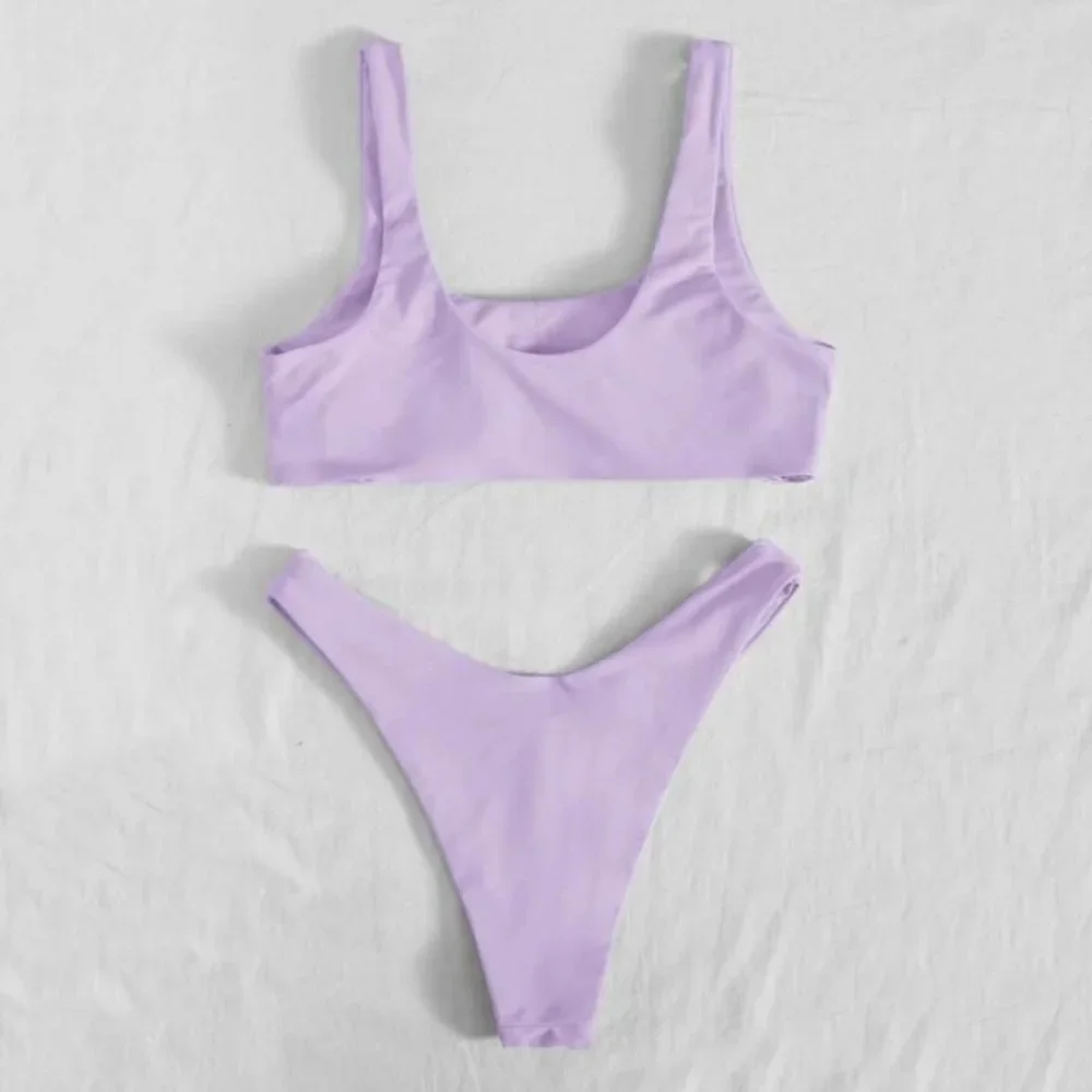 SHEIN🌺Solid High Cut Lilac Bikini Swimsuit👙S - Picture 2 of 4
